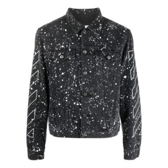 Off-White Herre FW22 Jakke med malingssprut-effekt, enkeltspent, Denim, svart