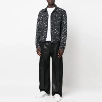 Off-White Herre FW22 Jakke med malingssprut-effekt, enkeltspent, Denim, svart