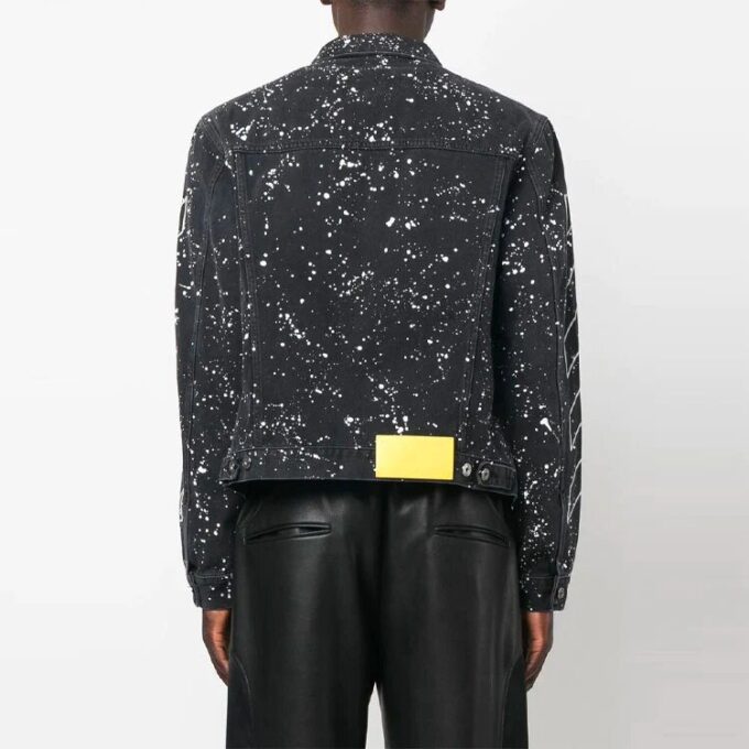Off-White Herre FW22 Jakke med malingssprut-effekt, enkeltspent, Denim, svart
