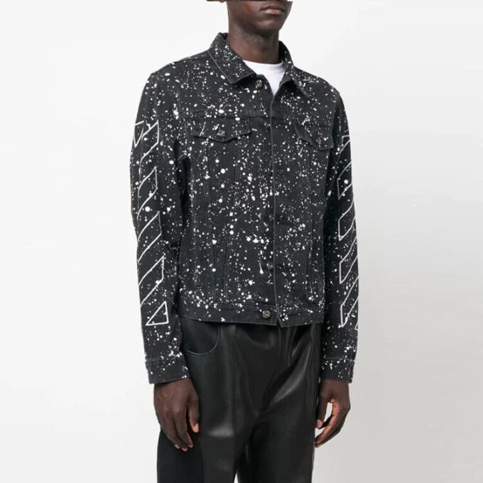 Off-White Herre FW22 Jakke med malingssprut-effekt, enkeltspent, Denim, svart