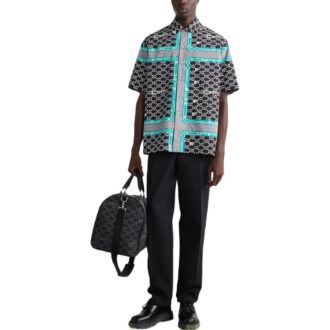 Off-White Herre FW22 Klassisk Logo Fulltrykk Revers Kortærmet Løs Passform Svart Skjorte