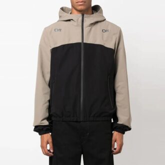 Off-White Herre FW22 Kontrastfarger Piletrykk Glidelås Jakke med hette Løs passform Svart Grå