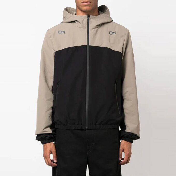 Off-White Herre FW22 Kontrastfarger Piletrykk Glidelås Jakke med hette Løs passform Svart Grå
