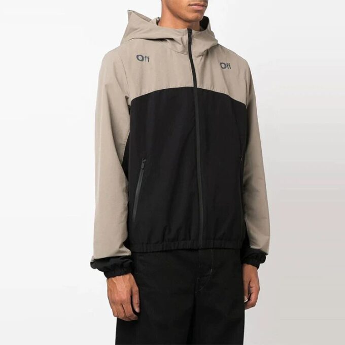 Off-White Herre FW22 Kontrastfarger Piletrykk Glidelås Jakke med hette Løs passform Svart Grå