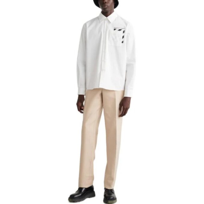 Off-White Herre FW22 Langermet hvit skjorte med lommer og Diagonal striper