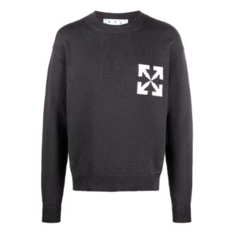Off-White Herre FW22 Logo Intarsia-strikket rundhalset genser i ull, løs passform, svart