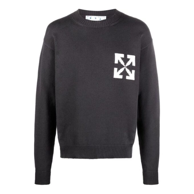 Off-White Herre FW22 Logo Intarsia-strikket rundhalset genser i ull, løs passform, svart