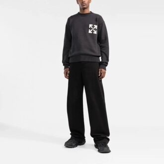 Off-White Herre FW22 Logo Intarsia-strikket rundhalset genser i ull, løs passform, svart
