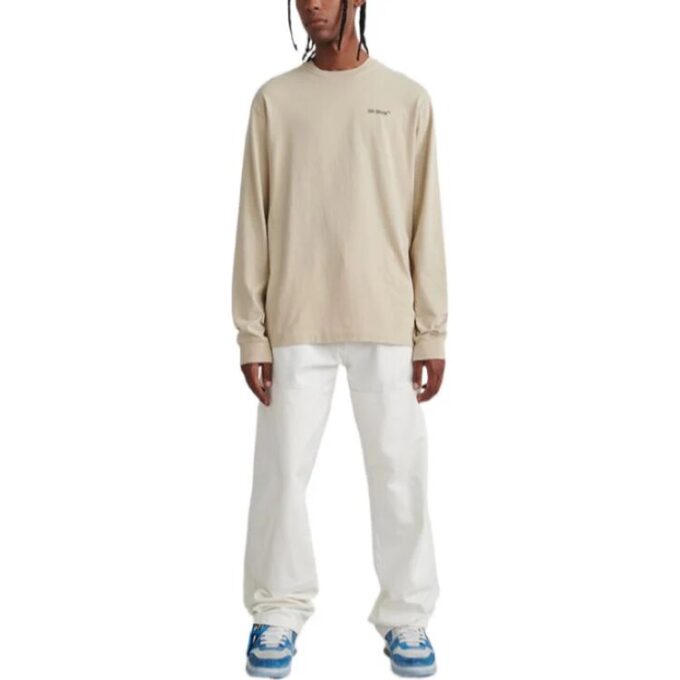 Off-White Herre FW22 Logo-trykk Rund hals Pullover Langermet Løs passform Beige T-skjorte
