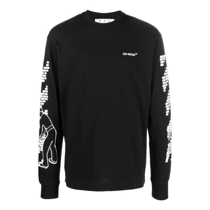 Off-White Herre FW22 Logo-trykk Rundhalset Langermet Svart T-skjorte