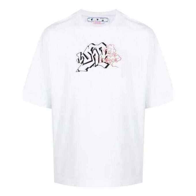 Off-White Herre FW22 Logo-trykk Rundhalset Pullover Kortærmet Løs Passform Hvit T-skjorte