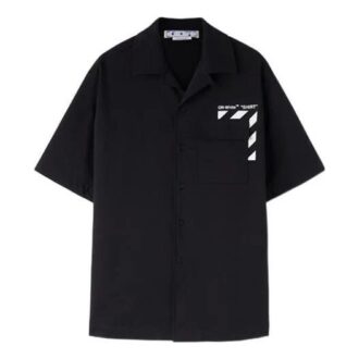 Off-White Herre FW22 Lomme Diagonale Striper Trykk Kortærmet Svart Skjorte i Shorts