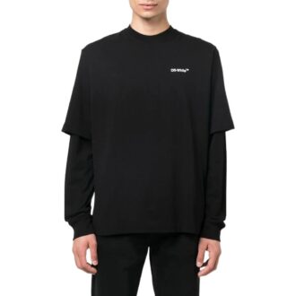 Off-White Herre FW22 Maleri-trykk Casual Langermet Løs Passform Svart T-skjorte