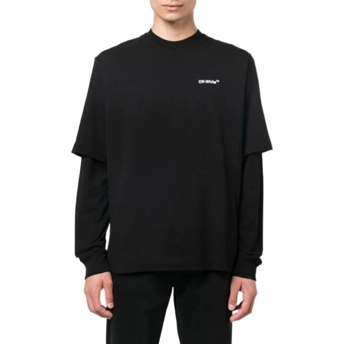 Off-White Herre FW22 Maleri-trykk Casual Langermet Løs Passform Svart T-skjorte