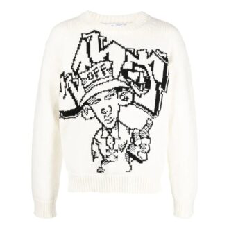 Off-White Herre FW22 Mønster Intarsia Strikk Rundhals Langermet Ullgenser Løs Passform Hvit