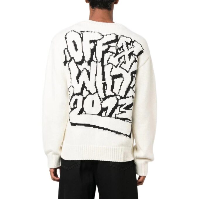 Off-White Herre FW22 Mønster Intarsia Strikk Rundhals Langermet Ullgenser Løs Passform Hvit