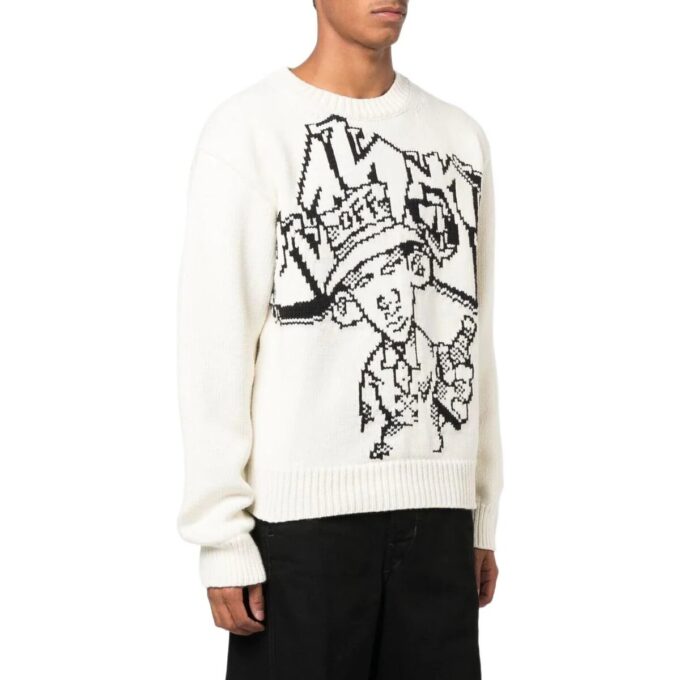 Off-White Herre FW22 Mønster Intarsia Strikk Rundhals Langermet Ullgenser Løs Passform Hvit