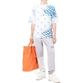 Off-White Herre FW22 Rutete Logo-trykk Rund hals Kort ermet Løs passform Blå T-skjorte