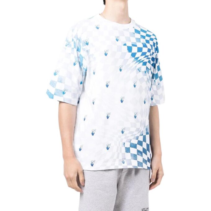 Off-White Herre FW22 Rutete Logo-trykk Rund hals Kort ermet Løs passform Blå T-skjorte