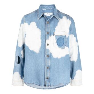 Off-White Herre FW22 Skyer-trykk, utskåret, langermet versjon, blå skjorte
