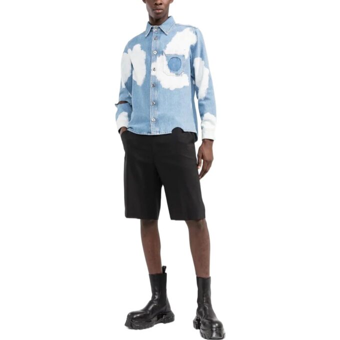 Off-White Herre FW22 Skyer-trykk, utskåret, langermet versjon, blå skjorte