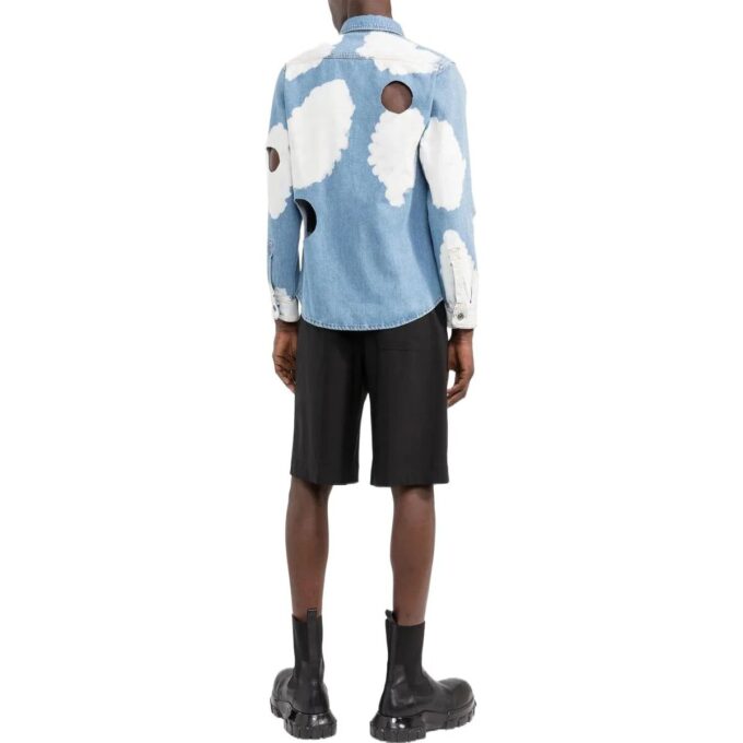 Off-White Herre FW22 Skyer-trykk, utskåret, langermet versjon, blå skjorte