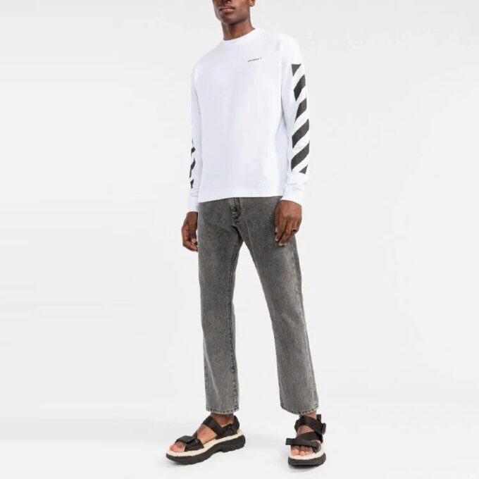 Off-White Herre FW22 Stripet Rundhalset Langermet Hvit T-skjorte