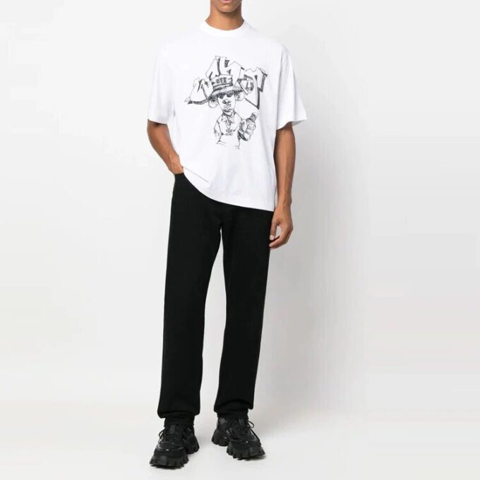 Off-White Herre FW22 T-skjorte med tegneserietrykk, rund hals, korte ermer og løs passform