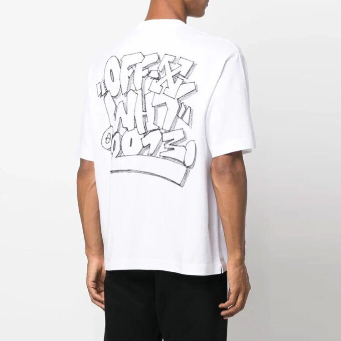 Off-White Herre FW22 T-skjorte med tegneserietrykk, rund hals, korte ermer og løs passform