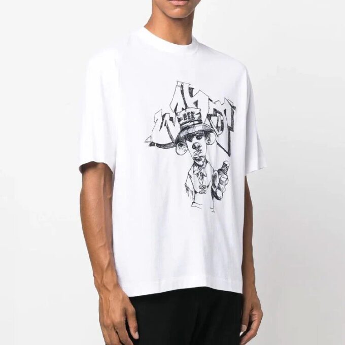 Off-White Herre FW22 T-skjorte med tegneserietrykk, rund hals, korte ermer og løs passform