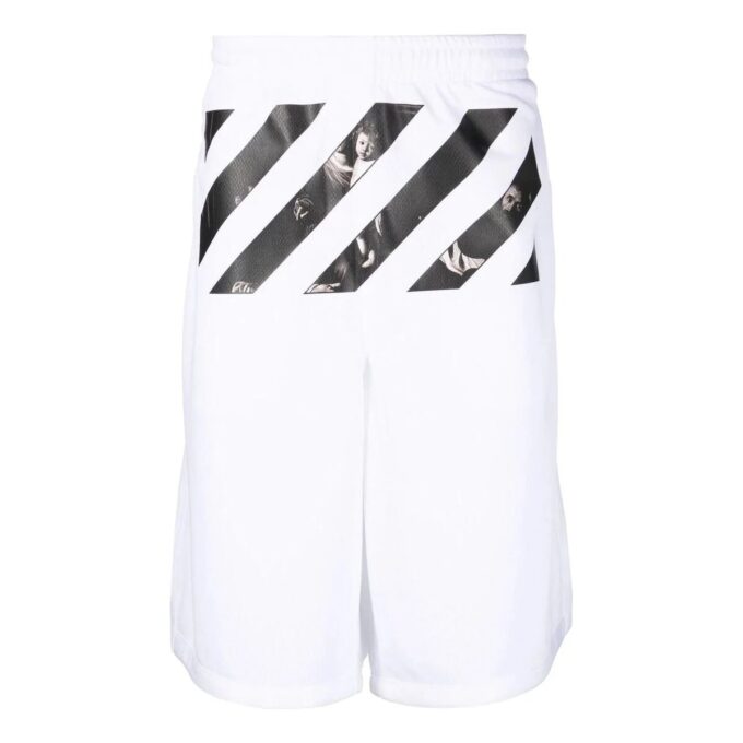 Off-White Herre FW22 Twill-trykk Knelang Elastisk linning Casual shorts Løs passform Hvit