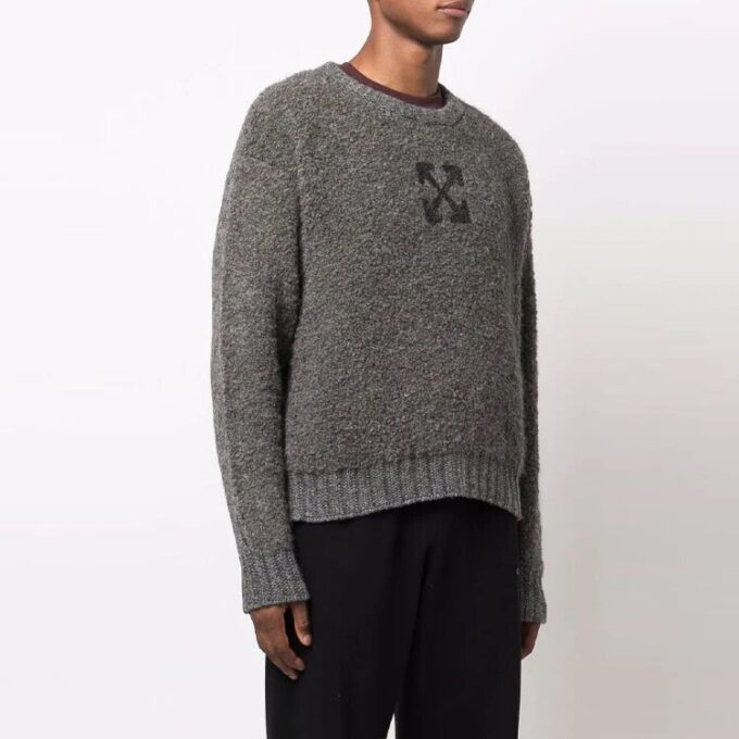 Off-White Herre-genser i ensfarget ull med jacquardmønster og pil-logo, grå