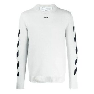 Off-White herre genser med Arrows, diagonale striper og intarsia, ull, slim fit, hvit