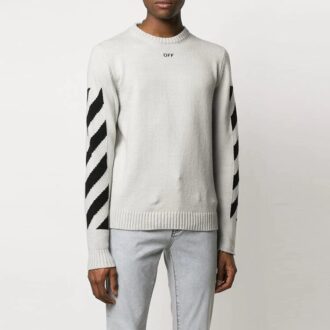 Off-White herre genser med Arrows, diagonale striper og intarsia, ull, slim fit, hvit