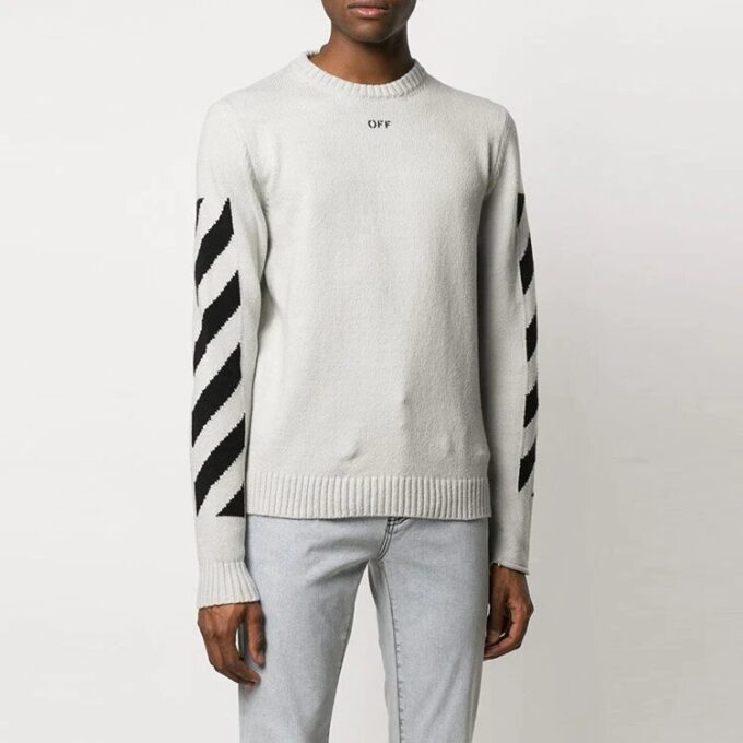 Off-White herre genser med Arrows, diagonale striper og intarsia, ull, slim fit, hvit