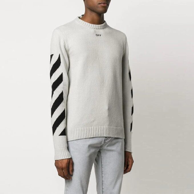Off-White herre genser med Arrows, diagonale striper og intarsia, ull, slim fit, hvit