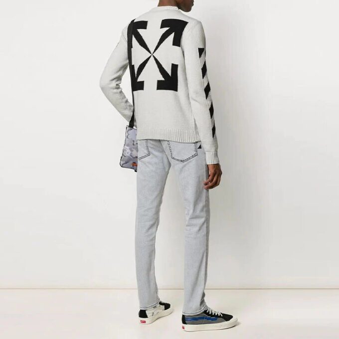 Off-White herre genser med Arrows, diagonale striper og intarsia, ull, slim fit, hvit