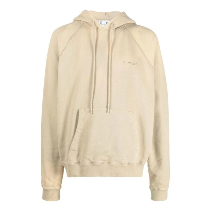 Off-White Herre-genser med striper på ryggen, trykk, hette, lange ermer og løs passform, beige