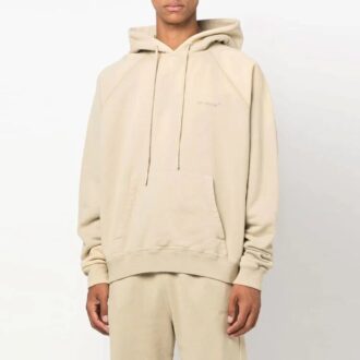 Off-White Herre-genser med striper på ryggen, trykk, hette, lange ermer og løs passform, beige