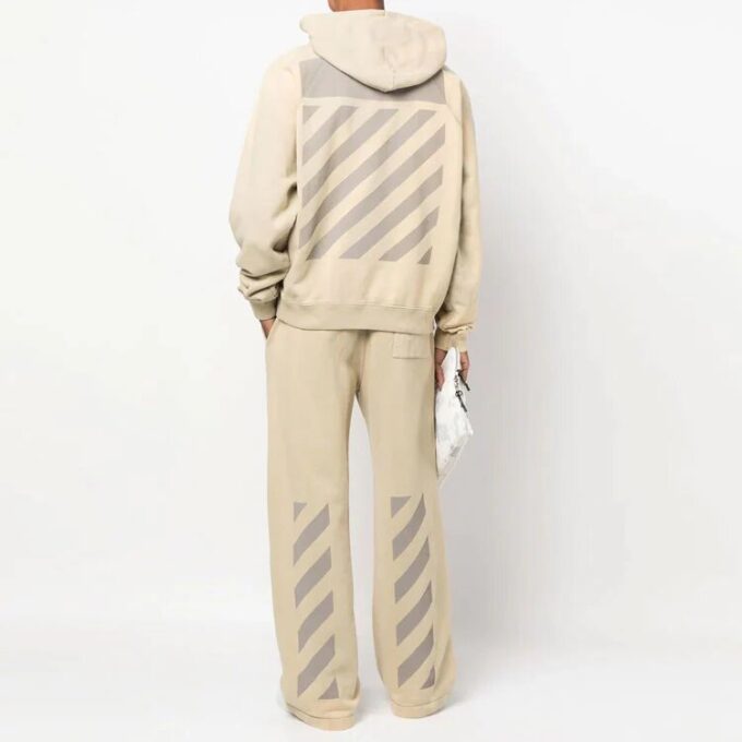 Off-White Herre-genser med striper på ryggen, trykk, hette, lange ermer og løs passform, beige
