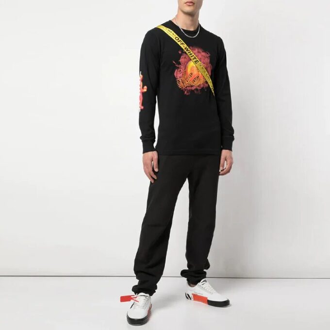 Off-White Herre Hands and Planet L/S Printing Langermet Svart T-skjorte
