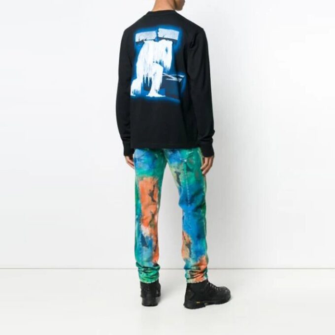Off-White Herre Ice Man Rundhalset Løs Langermet Svart T-skjorte