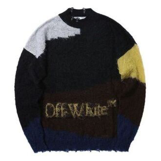 Off-White Herre Kontrastfarger Rundhals Langermet Ullgenser Svart