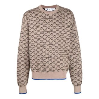 Off-White Herre Logo Mønster Ribbestrikket Pullover Ullgenser Versjon Beige