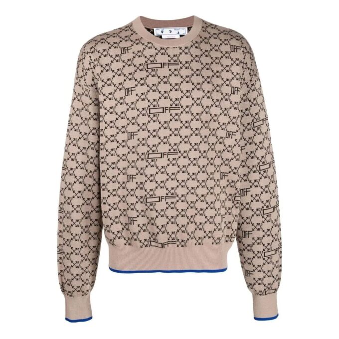 Off-White Herre Logo Mønster Ribbestrikket Pullover Ullgenser Versjon Beige