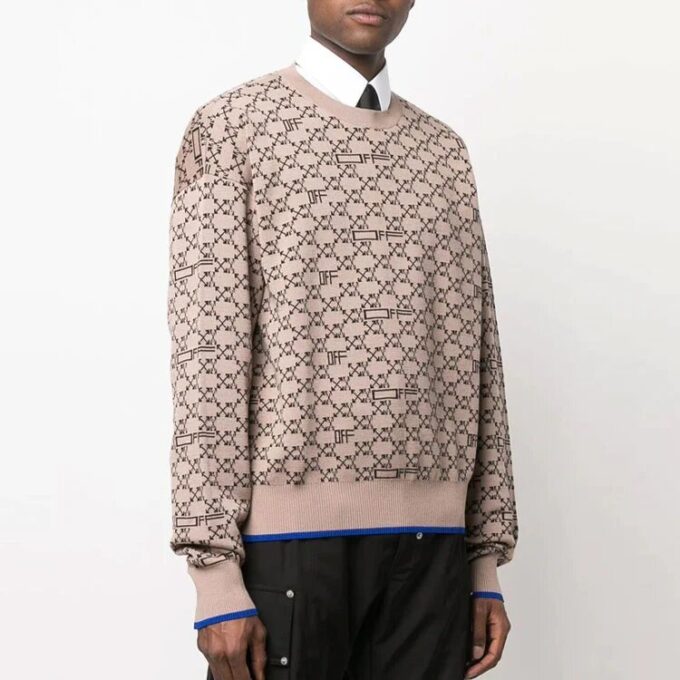 Off-White Herre Logo Mønster Ribbestrikket Pullover Ullgenser Versjon Beige