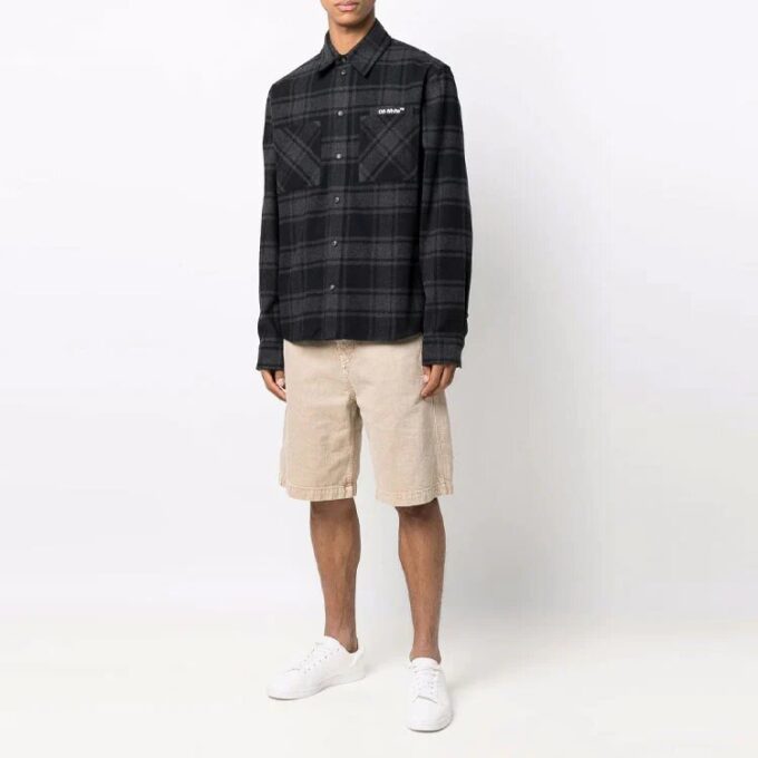 Off-White Herre Logo Rutete Flanell Langermet Løs Passform Grå Skjorte