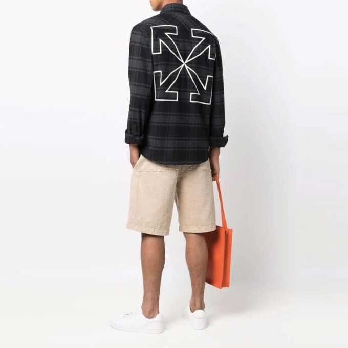 Off-White Herre Logo Rutete Flanell Langermet Løs Passform Grå Skjorte