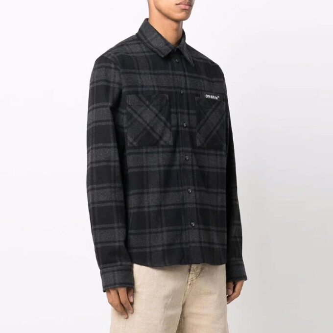 Off-White Herre Logo Rutete Flanell Langermet Løs Passform Grå Skjorte