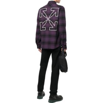 Off-White Herre Logo-trykk Rutete Langermet Mørk Lilla Skjorte
